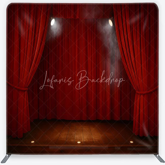 Lofaris Red Velvet Theater Stage Square Double-Sided Backdrop Dramatic Spotlights and Wooden Floor for Events