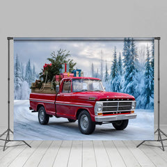 Lofaris Red Vintage Truck Christmas Backdrop Winter Snow Forest Tree Photography Background Car Carrying Gifts Holiday Party Banner