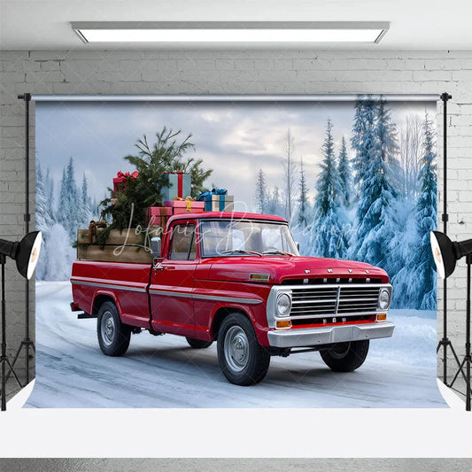 Lofaris Red Vintage Truck Christmas Backdrop Winter Snow Forest Tree Photography Background Car Carrying Gifts Holiday Party Banner