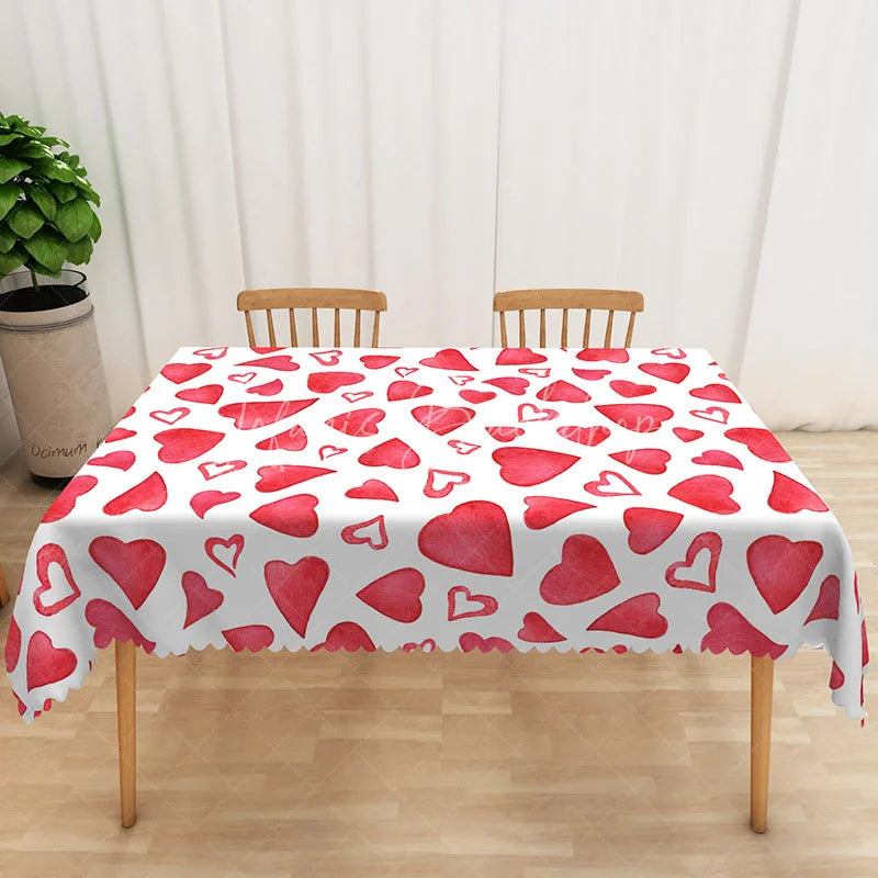 Lofaris Red Watercolor Heart Pattern Rectangle Tablecloth Hand Painted Love Art Table Cover Cute Valentine Home Decor