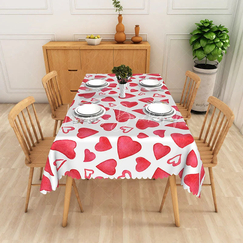 Lofaris Red Watercolor Heart Pattern Rectangle Tablecloth Hand Painted Love Art Table Cover Cute Valentine Home Decor