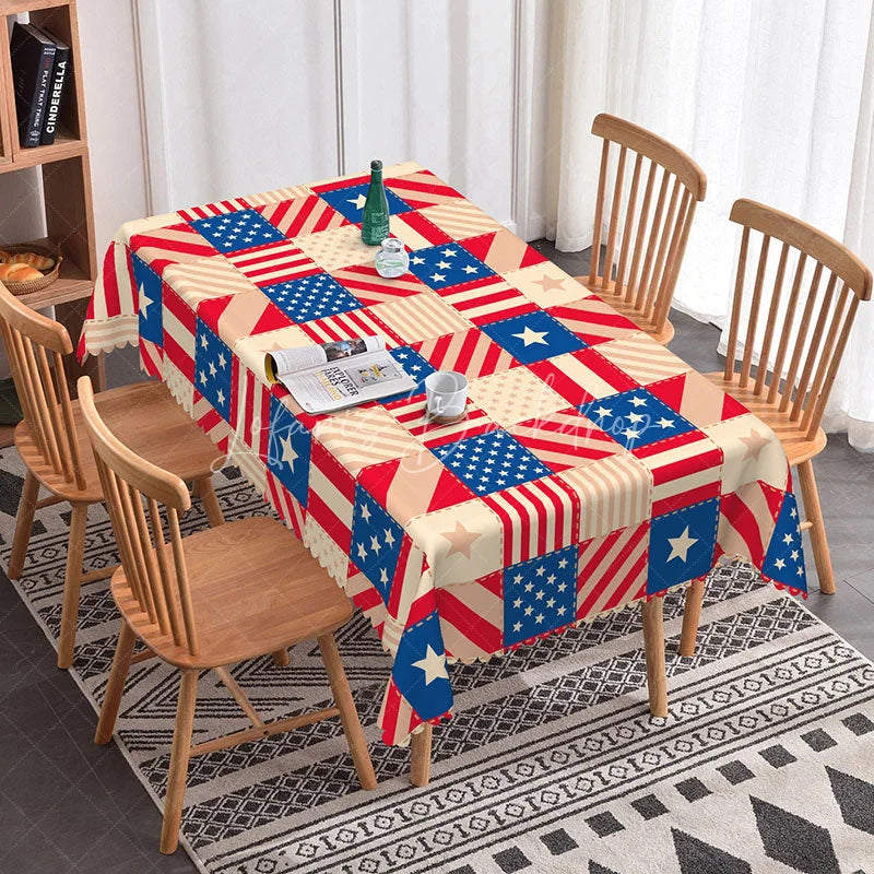 Lofaris Red White and Blue American Flag Patchwork Rectangle Tablecloth Fourth of July Party Decor