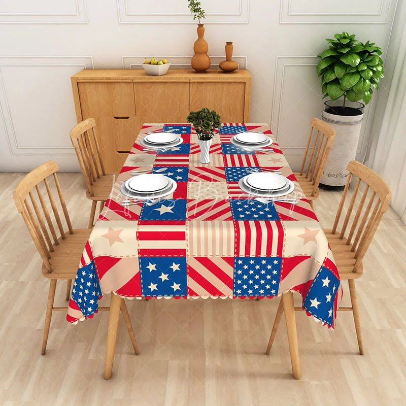 Lofaris Red White and Blue American Flag Patchwork Rectangle Tablecloth Fourth of July Party Decor