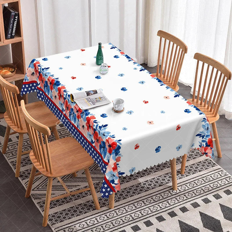 Lofaris Red White and Blue Floral Rectangle Tablecloth with American Flag Pattern Scalloped Edge Patriotic Decor