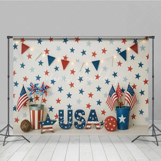 Lofaris Red White and Blue Patriotic Photography Backdrop USA Letters Festive Bunting Garland for Independence Day Celebration