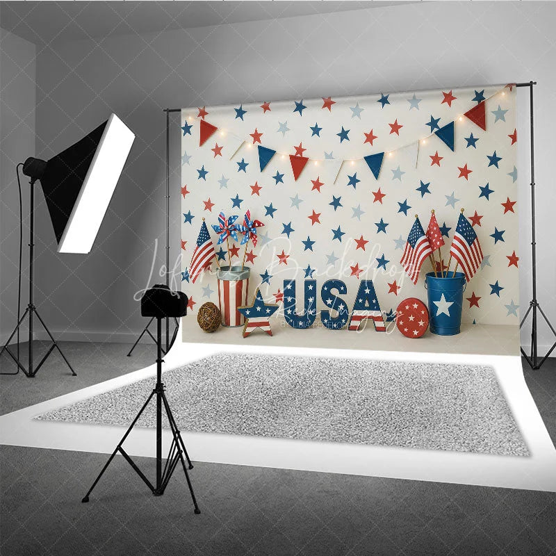 Lofaris Red White and Blue Patriotic Photography Backdrop USA Letters Festive Bunting Garland for Independence Day Celebration