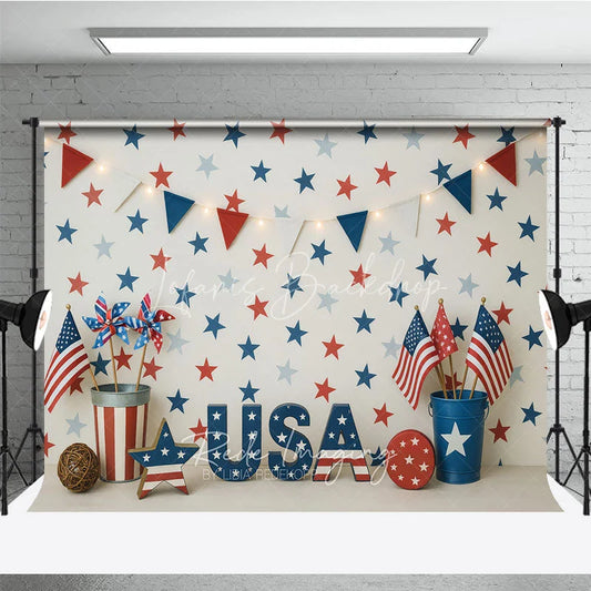 Lofaris Red White and Blue Patriotic Photography Backdrop USA Letters Festive Bunting Garland for Independence Day Celebration
