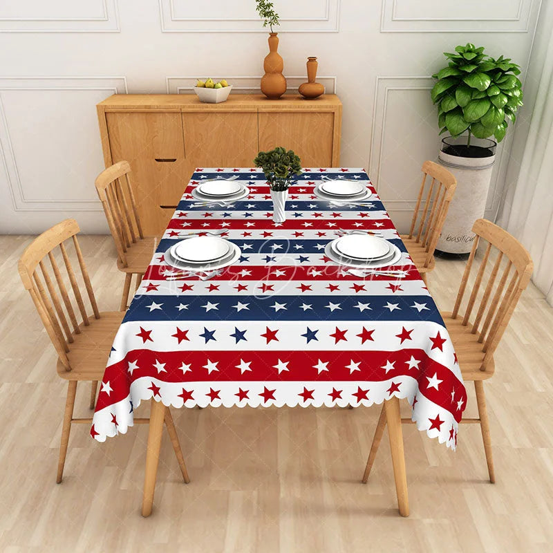 Lofaris Red White and Blue Stars Stripes Rectangle Tablecloth with Scalloped Edge Patriotic 4th of July Decor