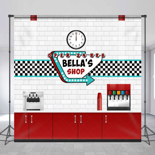Lofaris Red White Bar Counter Clock Custom Name Shop Backdrop