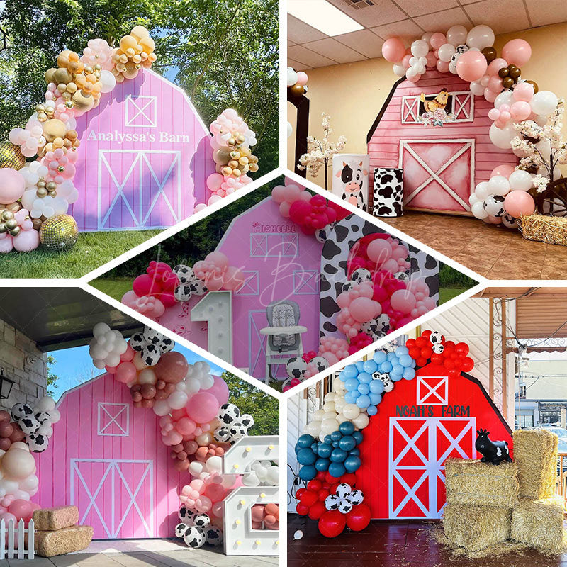 Lofaris Red White Farm House Barn Door Arch Birthday Backdrop