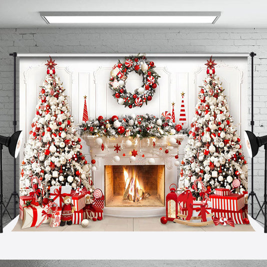 Lofaris Red White Wreath Tree Fireplace Christmas Backdrop