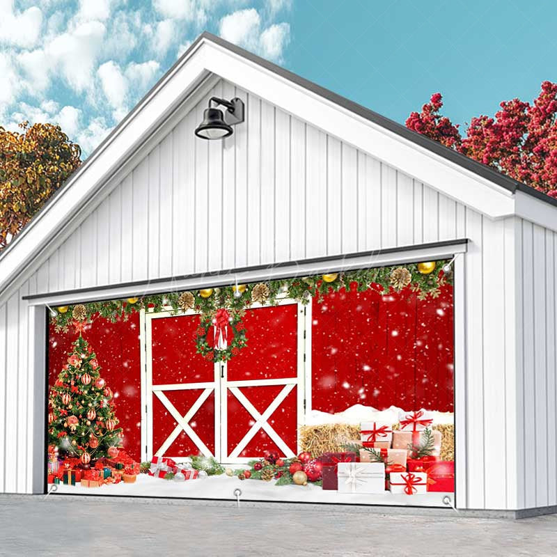 Lofaris Red Wood Barn Door Pine Leaves Garage Banner