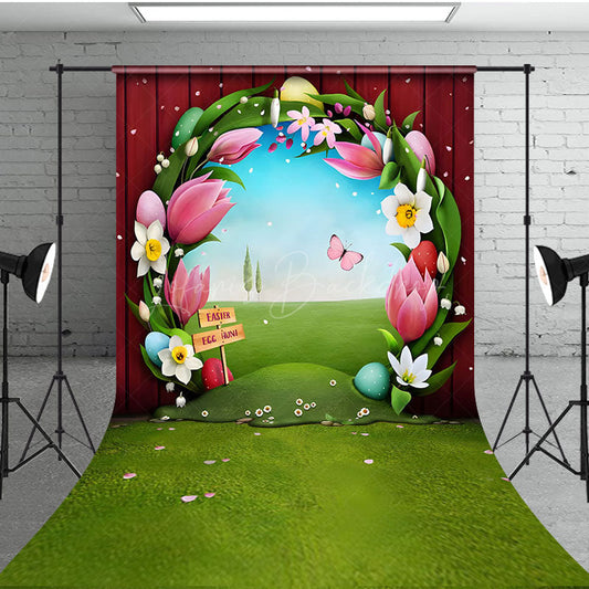 Lofaris Red Wooden Wall Greenery Field Floral Easter Backdrop