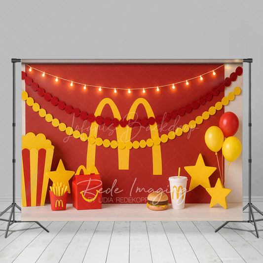 Lofaris Red Yellow M Burger Shop Birthday Cake Smash Backdrop