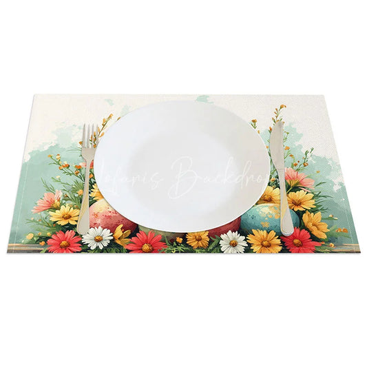 Lofaris Religious Cross Daisy Set of 4 Placemats Colorful Easter Eggs Flower Table Mats Church Event Holiday Decor