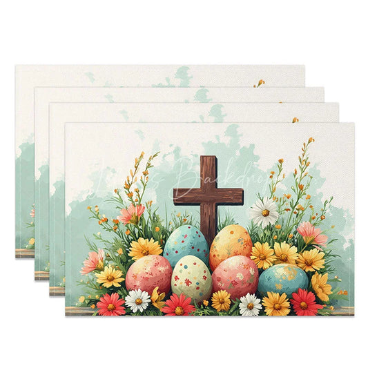Lofaris Religious Cross Daisy Set of 4 Placemats Colorful Easter Eggs Flower Table Mats Church Event Holiday Decor