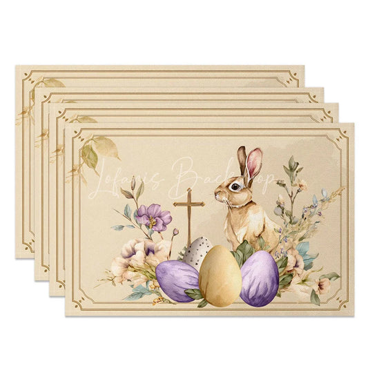 Lofaris Religious Easter Cross Bunny Set of 4 Placemats Purple Egg Floral Rabbit Table Mats for Holy Day