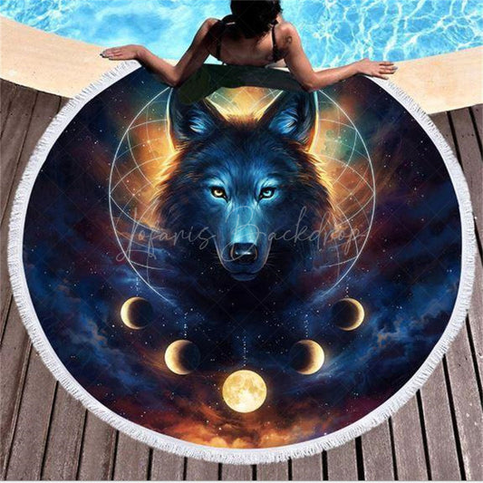 Lofaris Religious Universe Starry Wolf Round Beach Towel