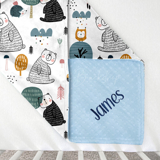 Lofaris Repeated Cute Fox Bears Trees Minky Baby Blanket