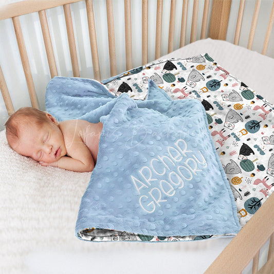 Lofaris Repeated Cute Fox Bears Trees Minky Baby Blanket
