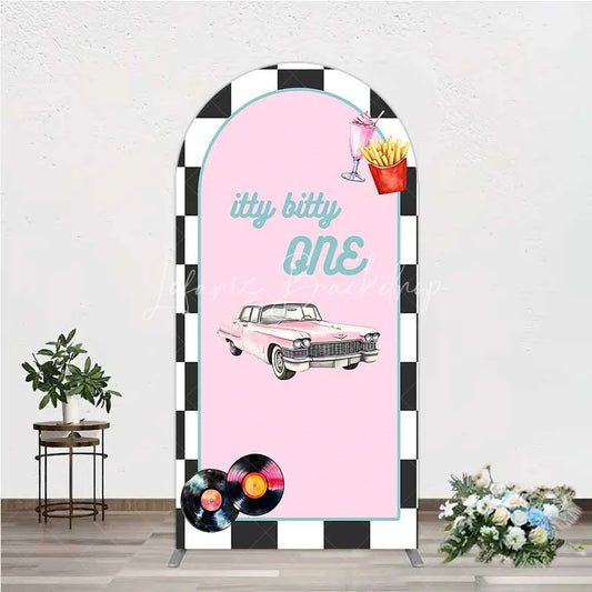 Lofaris Retro 50s Diner Arch Backdrop Pink Classic Car and Milkshake 1st Birthday Party Decoration