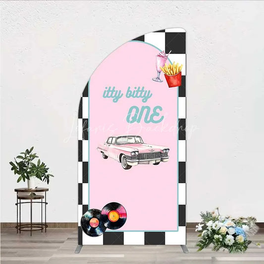 Lofaris Retro 50s Diner Half Moon Arch Backdrop Pink Classic Car and Milkshake 1st Birthday Party Decoration