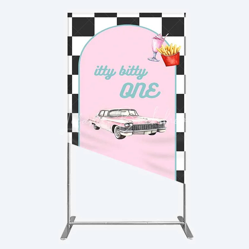Lofaris Retro 50s Diner Rectangle Backdrop Pink Classic Car and Milkshake 1st Birthday Party Decoration