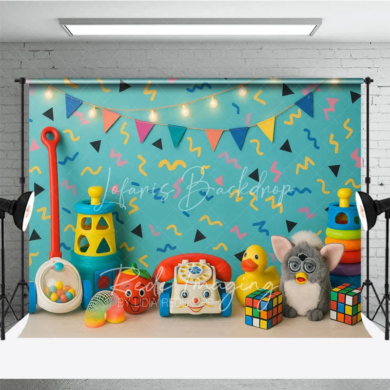 Lofaris Retro 90s Toys and Pattern Photo Backdrop I Love the Birthday Photography Background