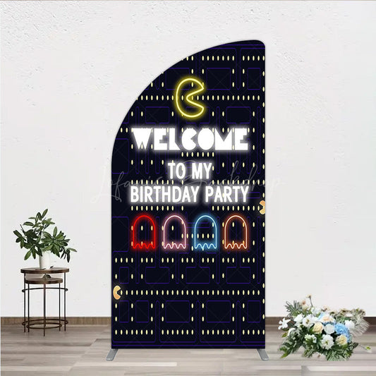 Lofaris Retro Arcade Game Birthday Half Moon Arch Backdrop Inspired 80s Video Welcome to My Party Neon Sign Decor