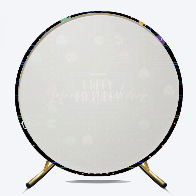 Lofaris Retro Arcade Game Birthday Round Backdrop 80s Video Boy Party Pixelated Maze and Ghosts Photo Prop