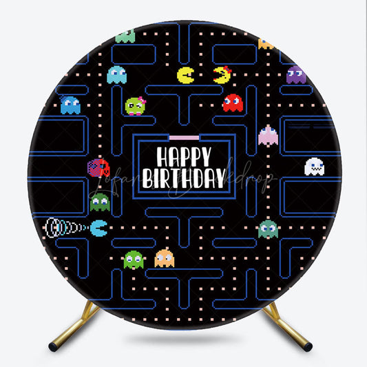 Lofaris Retro Arcade Game Birthday Round Backdrop 80s Video Boy Party Pixelated Maze and Ghosts Photo Prop