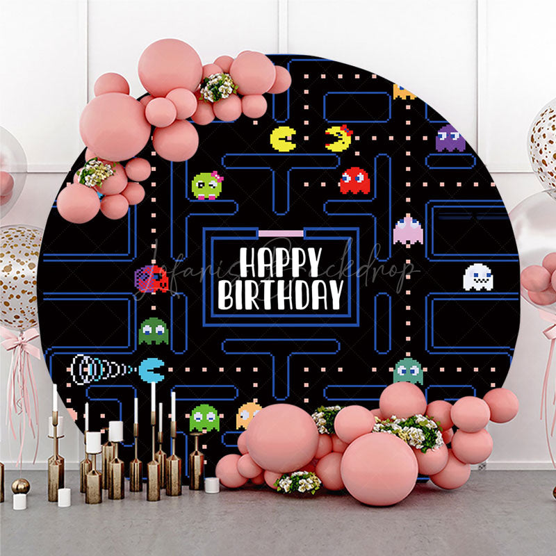 Lofaris Retro Arcade Game Birthday Round Backdrop 80s Video Boy Party Pixelated Maze and Ghosts Photo Prop
