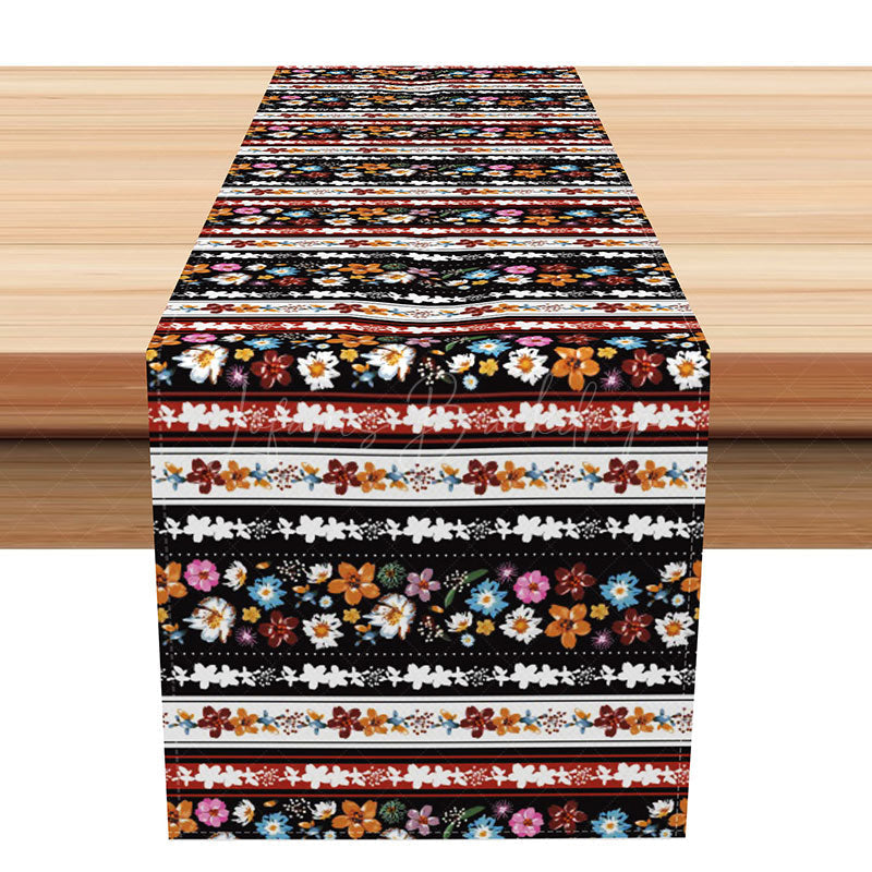 Lofaris Retro Aztec Style Table Runner with Floral and Stripe Pattern for Boho Southwest Kitchen Decor