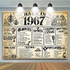 Lofaris Retro Back in 1967 Newspaper Style Birthday Backdrop with Historical Facts 1960s Slang and Popular Culture Party Decor