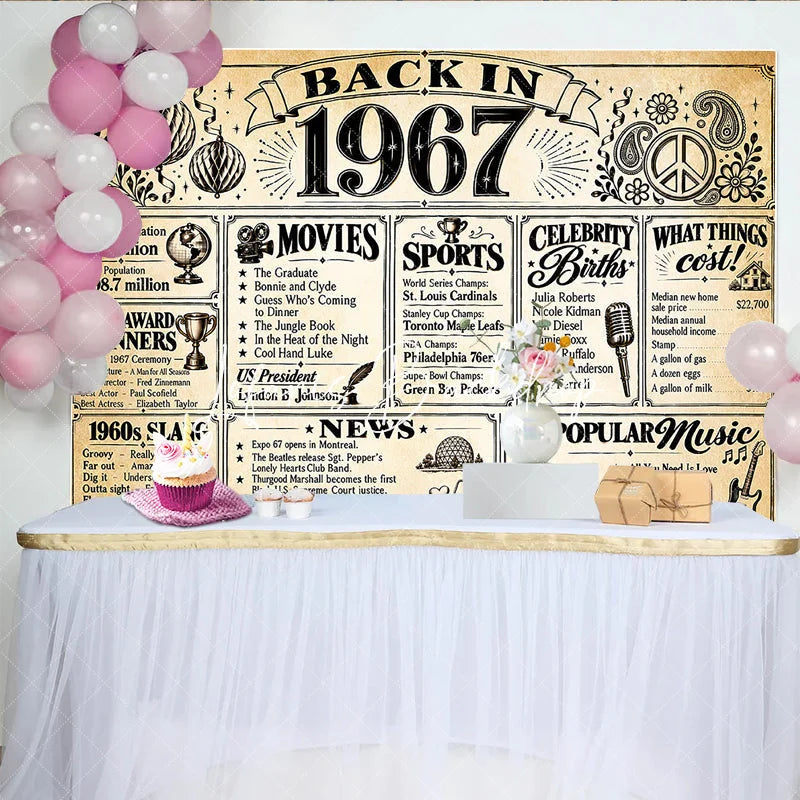 Lofaris Retro Back in 1967 Newspaper Style Birthday Backdrop with Historical Facts 1960s Slang and Popular Culture Party Decor