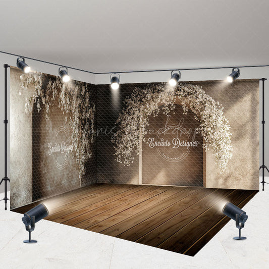 Lofaris Retro Beige Arch Wood Floor Floral Room Set Backdrop