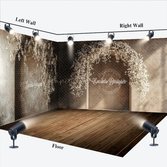 Lofaris Retro Beige Arch Wood Floor Floral Room Set Backdrop