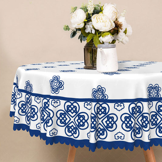 Lofaris Retro Blue and White Round Tablecloth with Floral Cloud Pattern for Vintage Chinoiserie Style Decor