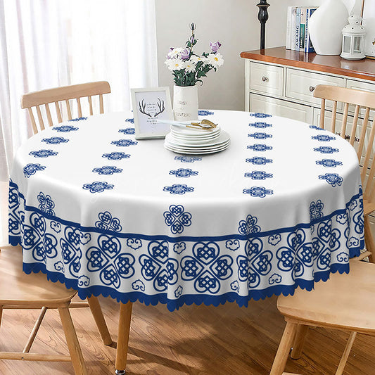 Lofaris Retro Blue and White Round Tablecloth with Floral Cloud Pattern for Vintage Chinoiserie Style Decor