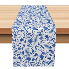Lofaris Retro Blue Table Runner with Swirly Vines Vintage Botanical Plant Design Moody and Elegant Kitchen Decor