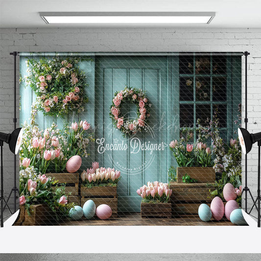 Lofaris Retro Blue Wood Floral Eggs Easter Spring Backdrop