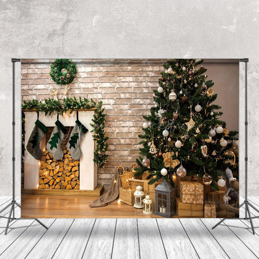 Lofaris Retro Brick Wall Tree Fireplace Christmas Backdrop