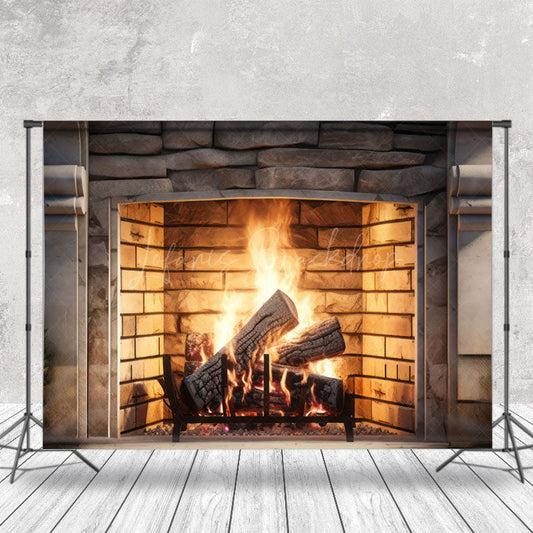 Lofaris Retro Bricks Fireplace Warm Vibe Christmas Backdrop