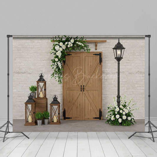 Lofaris Retro Bricks Wall Greenery Wood Door Photo Backdrop