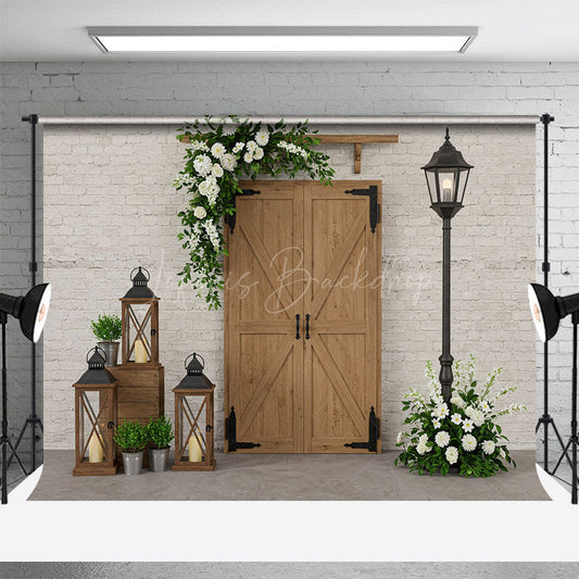Lofaris Retro Bricks Wall Greenery Wood Door Photo Backdrop