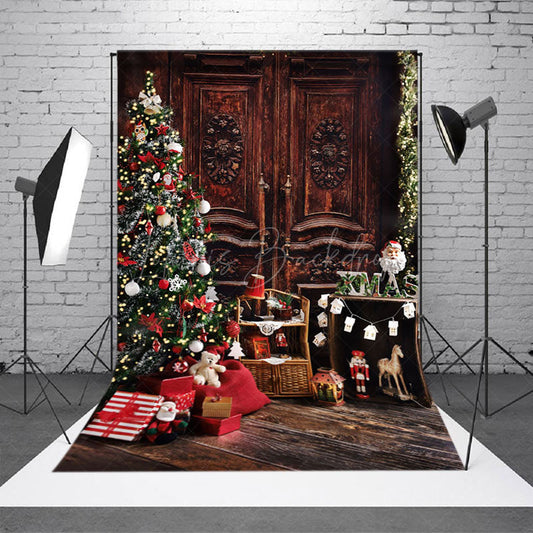 Lofaris Retro Brown Cabinet Xmas Tree Christmas Backdrop