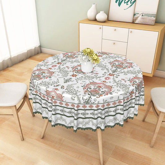 Lofaris Retro Floral Round Tablecloth in White Green and Red for Vintage Christmas Holiday Decor