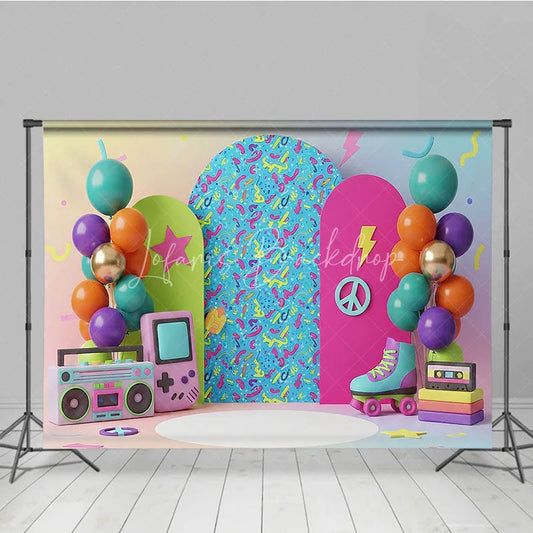 Lofaris Retro Gaming Birthday Backdrop Pastel Rainbow Gameboy and Boombox Cake Smash Photography Background