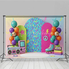 Lofaris Retro Gaming Birthday Backdrop Pastel Rainbow Gameboy and Boombox Cake Smash Photography Background