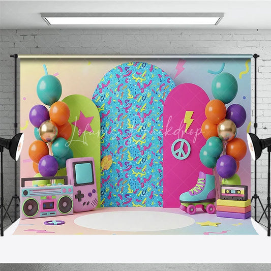 Lofaris Retro Gaming Birthday Backdrop Pastel Rainbow Gameboy and Boombox Cake Smash Photography Background